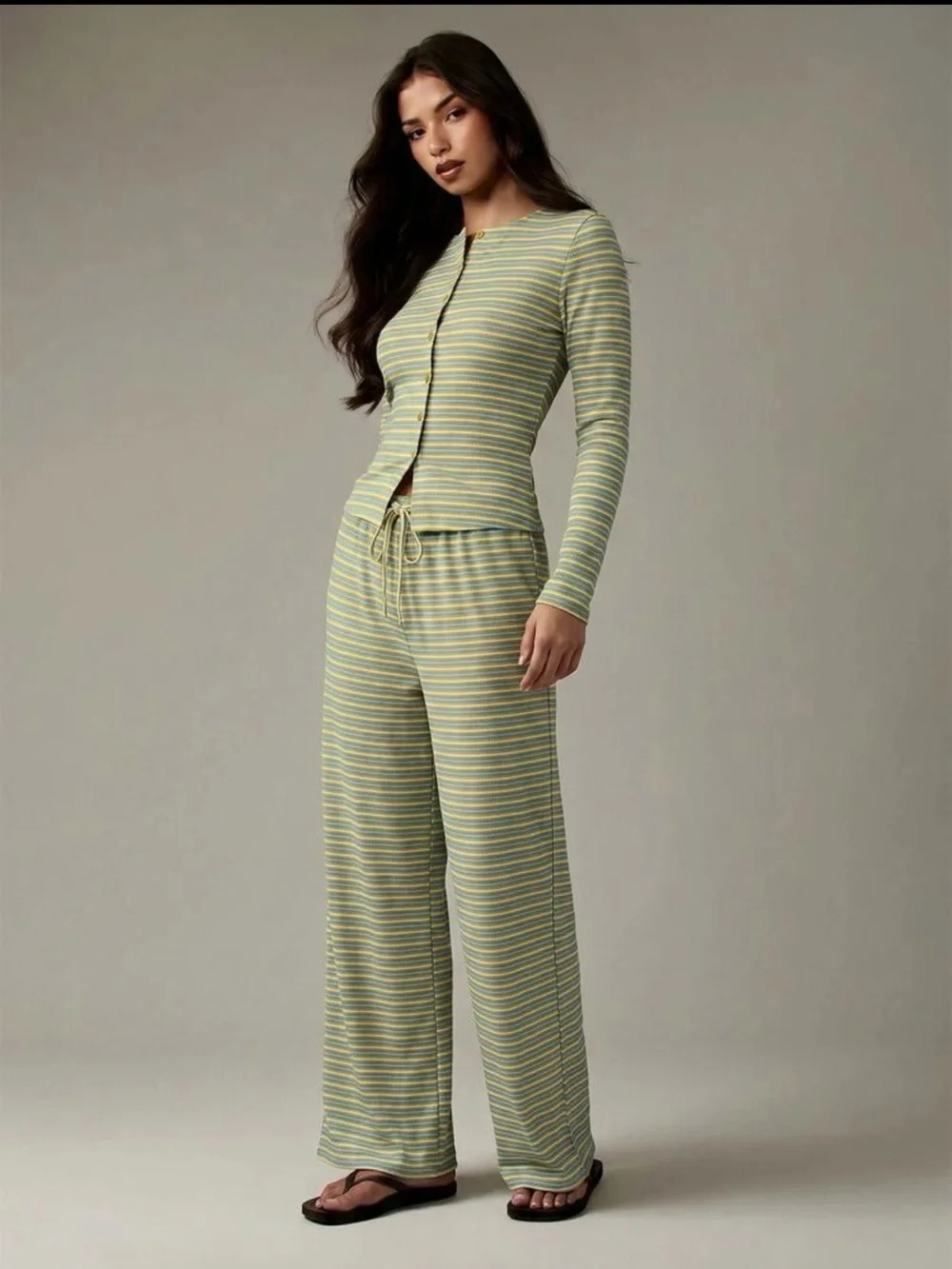 Missguided Green and Cream Striped Long-Sleeve Lounge Set
